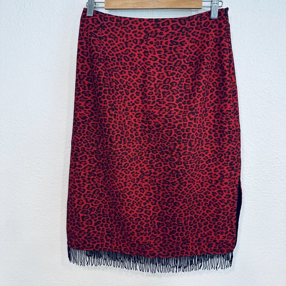 Vintage Mica Pencil Skirt Beaded Fringe Red Animal Print Lined EUC